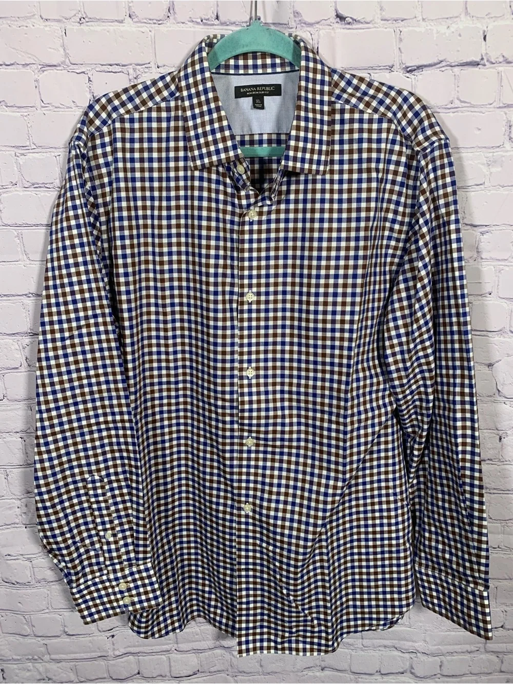 Banana Republic Mens Checkered Button Down Blue Brown Sz XL Business Preppy